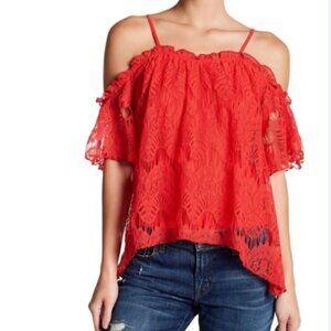 LOVE, FIRE Red Cold Shoulder Lace Ruffle Spaghetti Strap Short Sleeve Top M